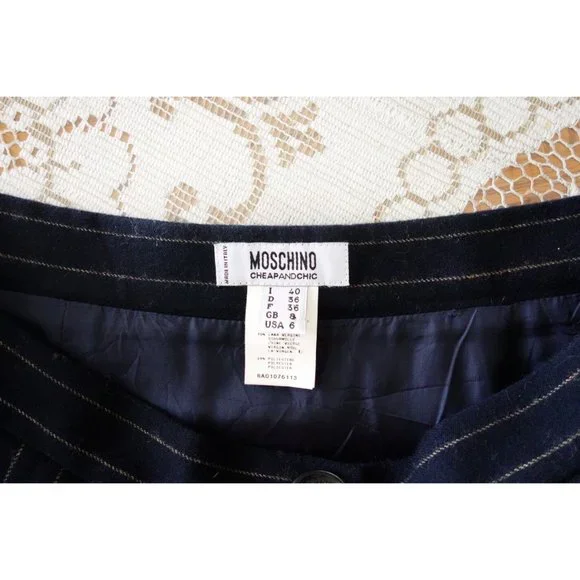 Vtg 00s Y2K Moschino Navy Blue Pinstripe Wool Button Trumpet Skirt IT 40 US 4 - Picture 3 of 6